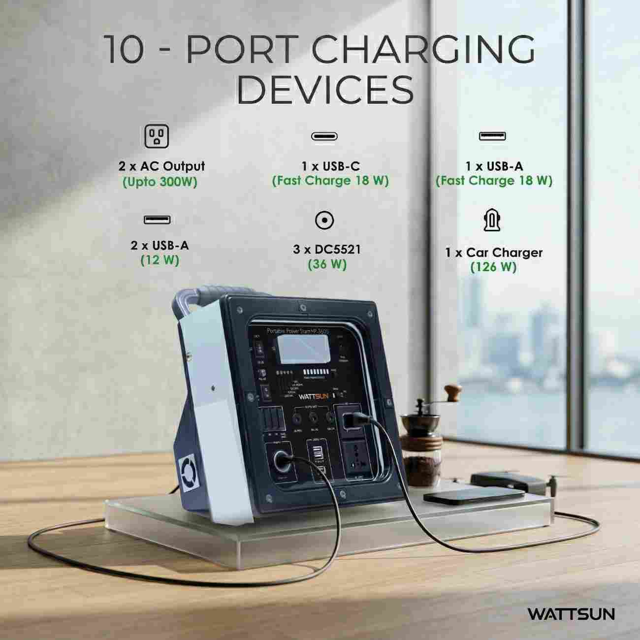 Wattsun 650W Portable Power Station | 268.8Wh Lithium Battery | 10 Output Ports | IP32 Rated